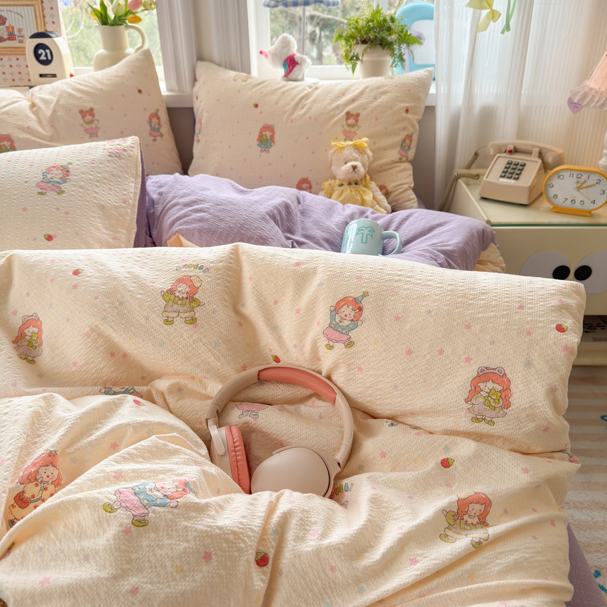 91家纺网 家纺一手货源 找家纺 优承佳生活馆 2026年新款卡通小清新风格高克重超柔软糯泡芙双层纱面料三件套四件套单被套系列 女孩日常