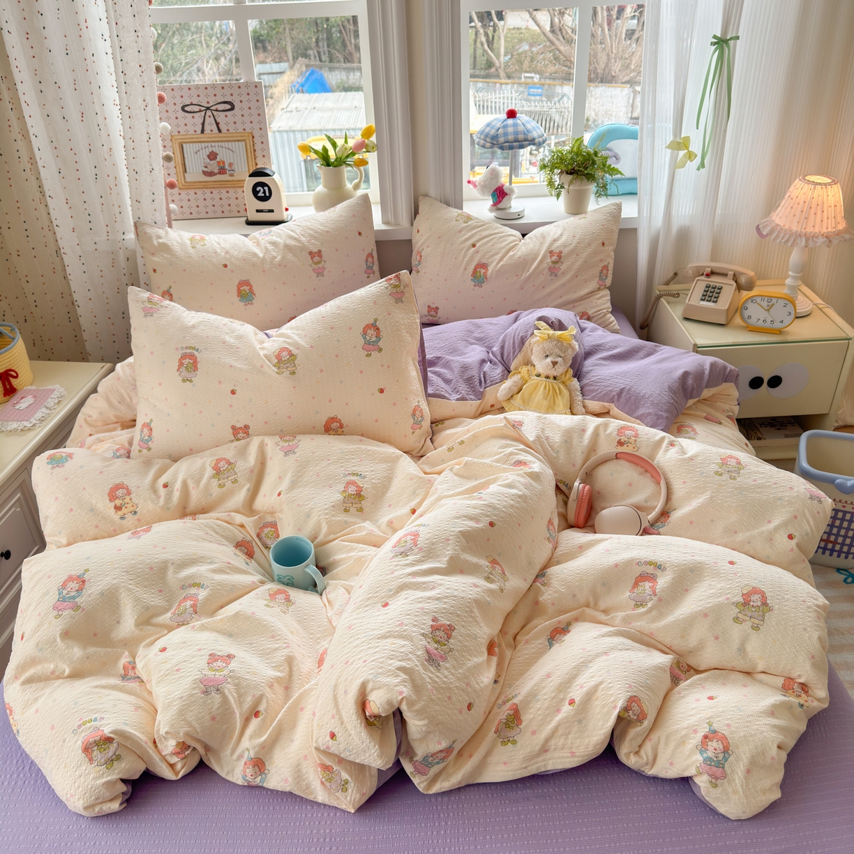 91家纺网 家纺一手货源 找家纺 优承佳生活馆 2026年新款卡通小清新风格高克重超柔软糯泡芙双层纱面料三件套四件套单被套系列 女孩日常