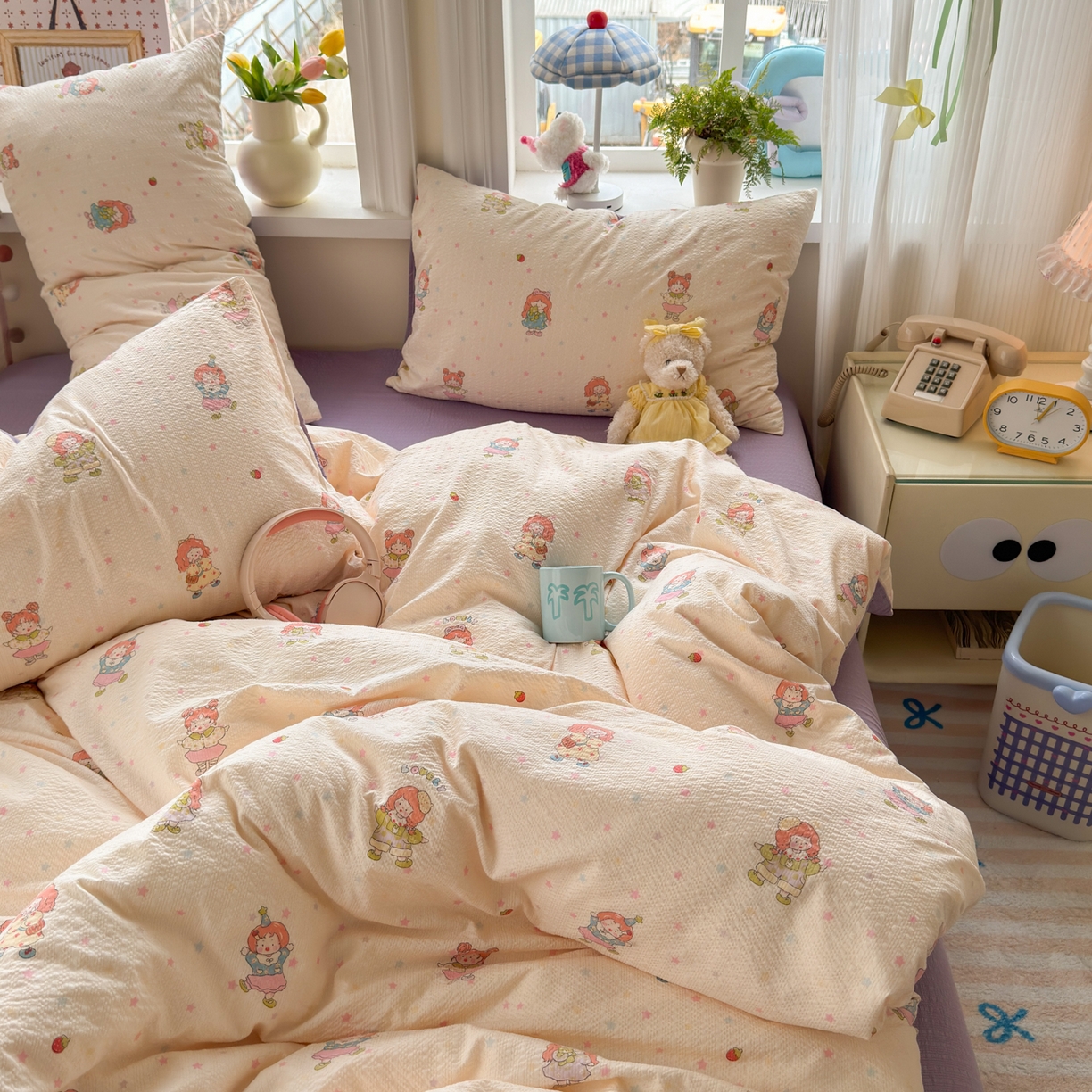 91家纺网 家纺一手货源 找家纺 优承佳生活馆 2026年新款卡通小清新风格高克重超柔软糯泡芙双层纱面料三件套四件套单被套系列 女孩日常