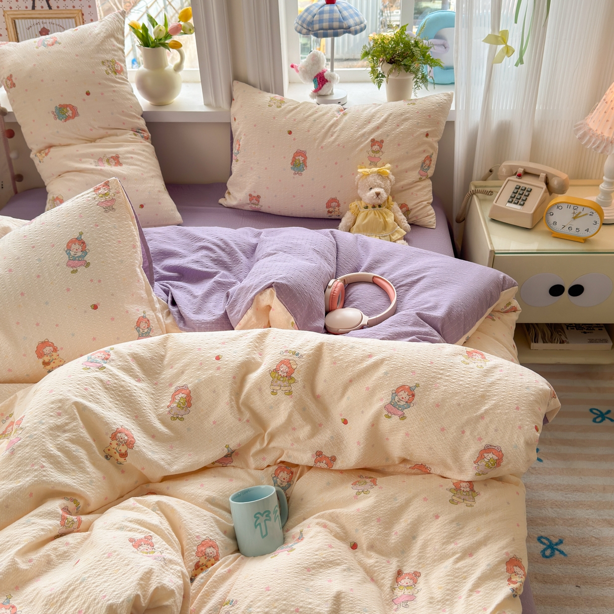 91家纺网 家纺一手货源 找家纺 优承佳生活馆 2026年新款卡通小清新风格高克重超柔软糯泡芙双层纱面料三件套四件套单被套系列 女孩日常