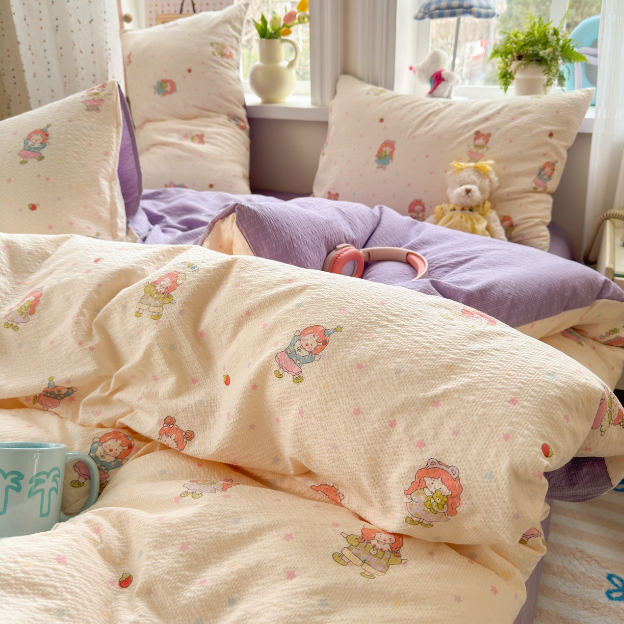 91家纺网 家纺一手货源 找家纺 优承佳生活馆 2026年新款卡通小清新风格高克重超柔软糯泡芙双层纱面料三件套四件套单被套系列 女孩日常