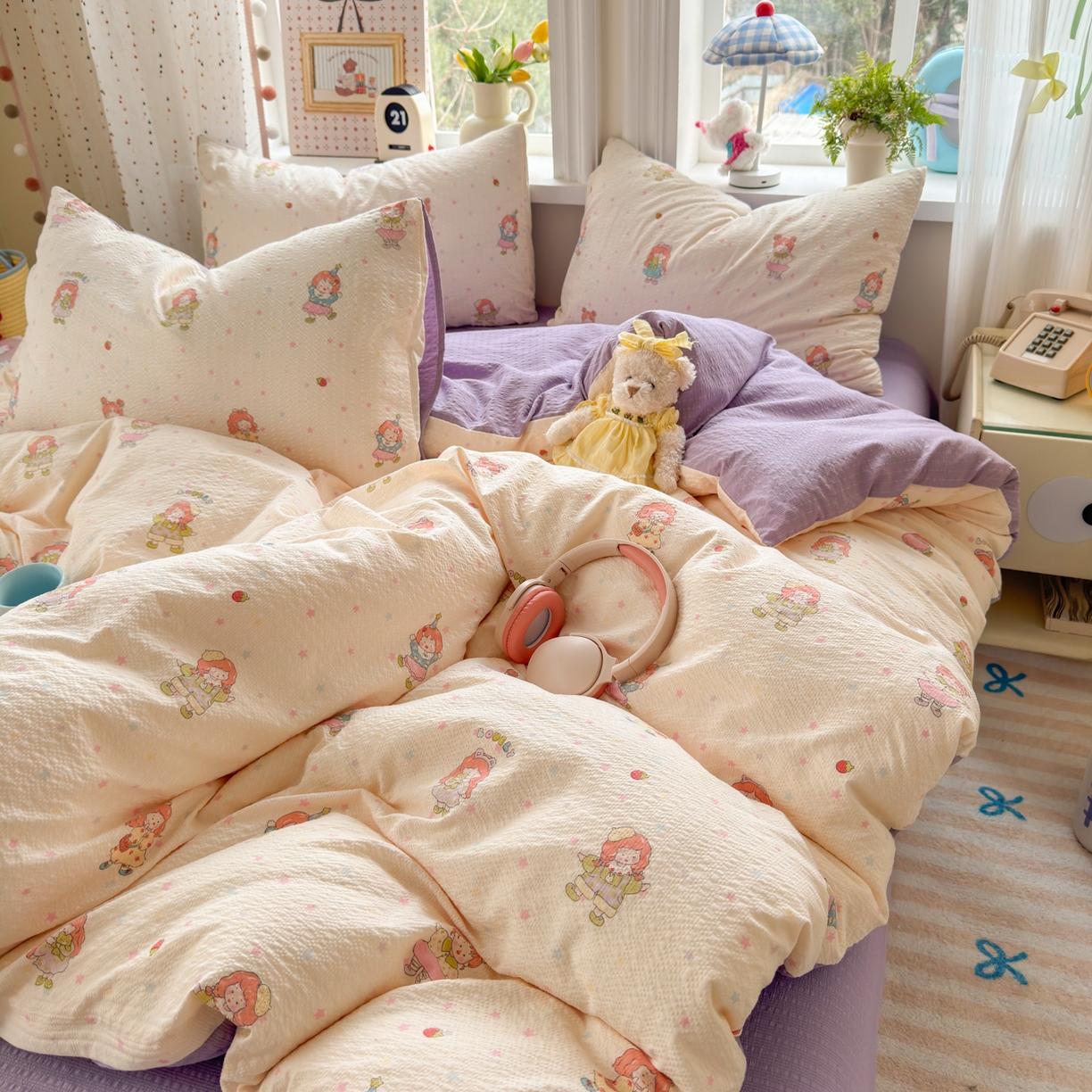 91家纺网 家纺一手货源 找家纺 优承佳生活馆 2026年新款卡通小清新风格高克重超柔软糯泡芙双层纱面料三件套四件套单被套系列 女孩日常