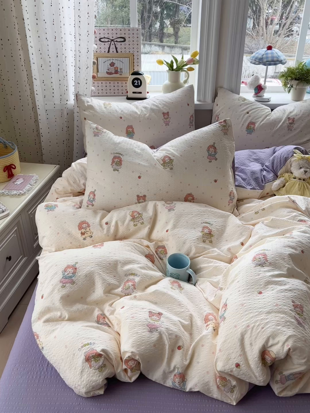 91家纺网 家纺一手货源 找家纺 优承佳生活馆 2026年新款卡通小清新风格高克重超柔软糯泡芙双层纱面料三件套四件套单被套系列 女孩日常
