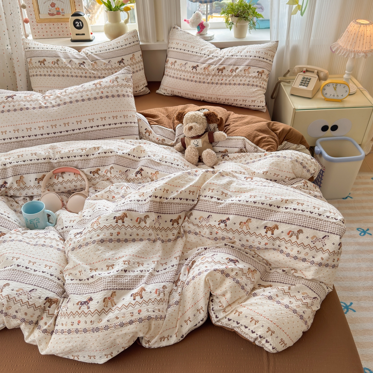 91家纺网 家纺一手货源 找家纺 优承佳生活馆 2026年新款卡通小清新风格高克重超柔软糯泡芙双层纱面料三件套四件套单被套系列 千禧马