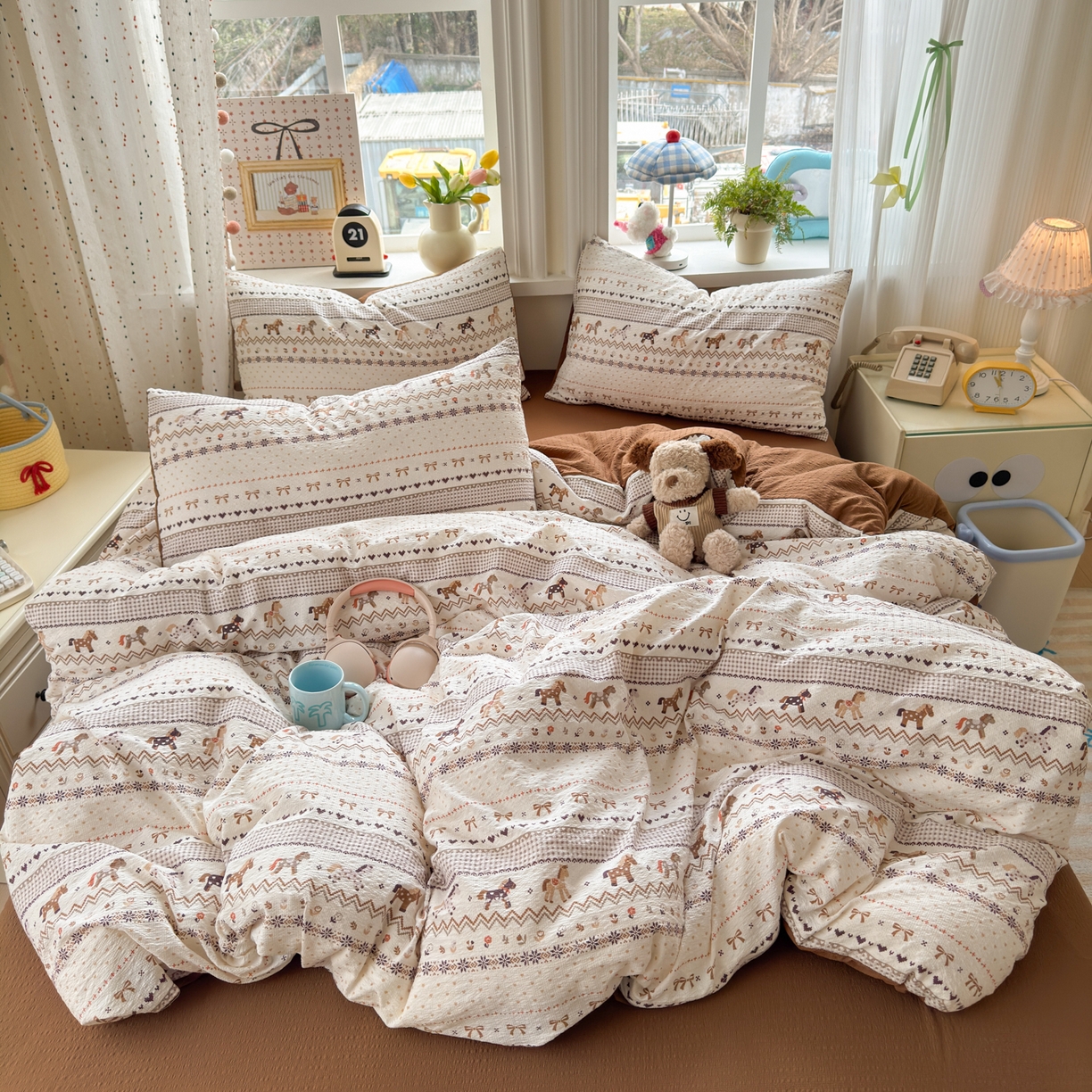 91家纺网 家纺一手货源 找家纺 优承佳生活馆 2026年新款卡通小清新风格高克重超柔软糯泡芙双层纱面料三件套四件套单被套系列 千禧马