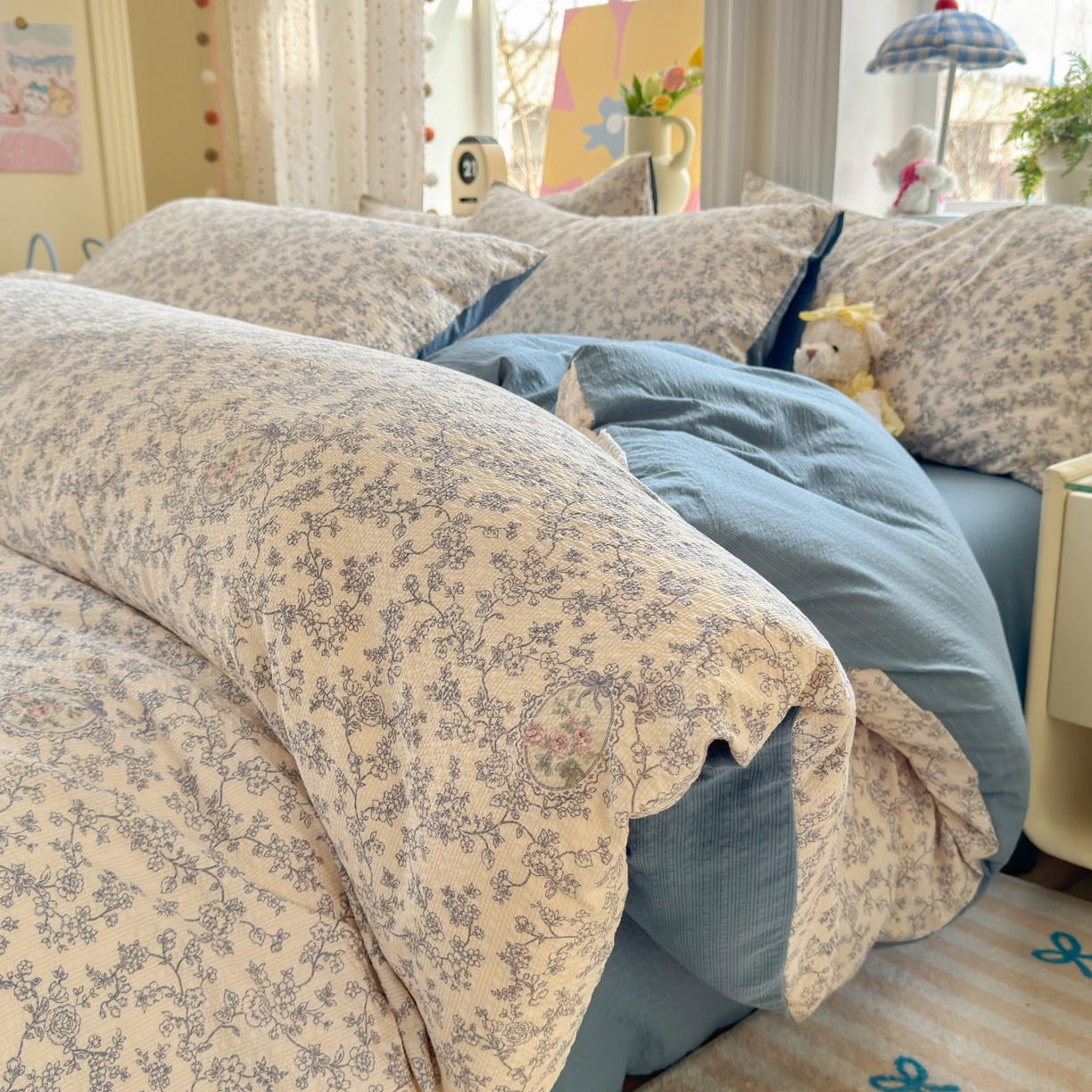 优承佳生活馆 2026年新款卡通小清新风格高克重超柔软糯泡芙双层纱面料三件套四件套单被套系列 浅陌