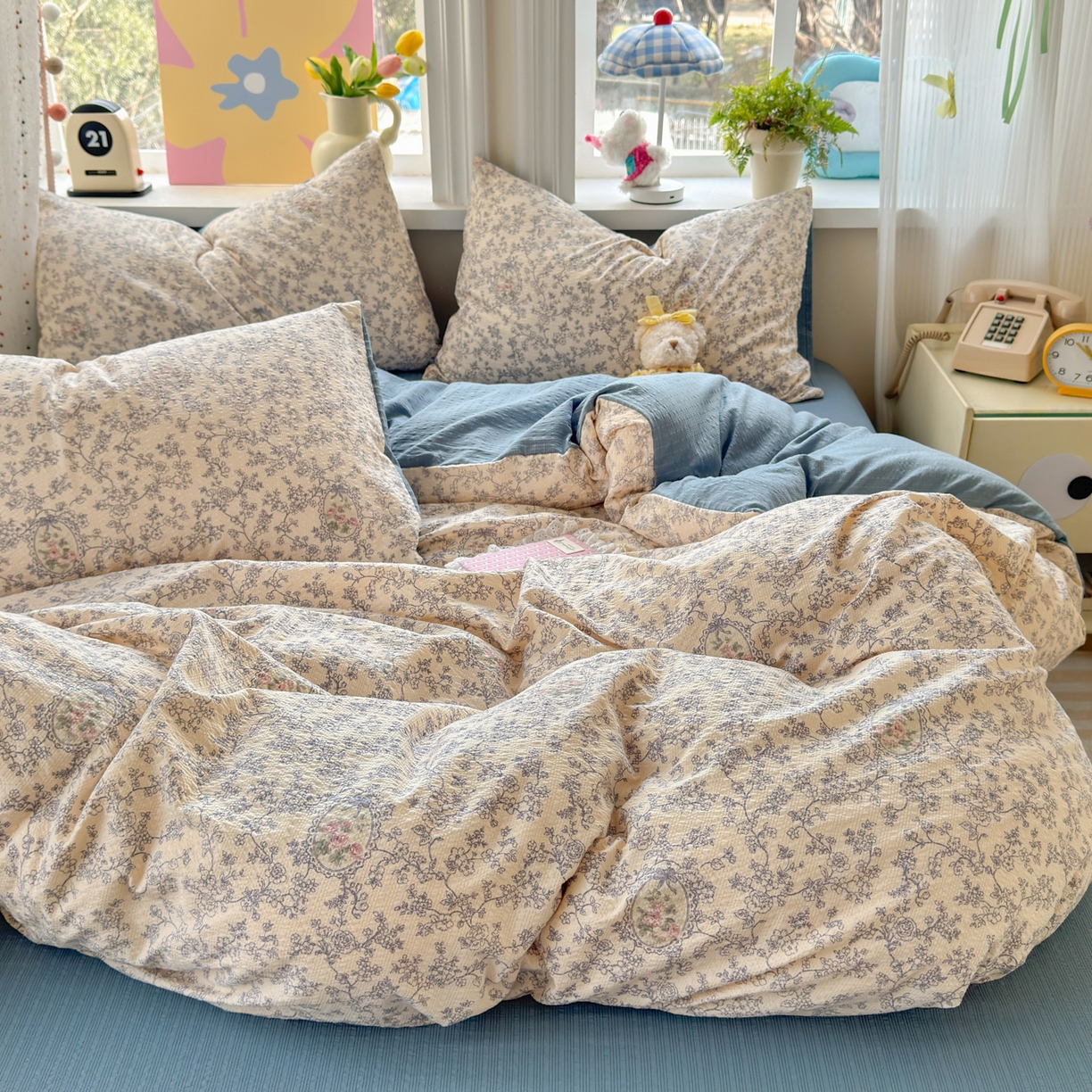 91家纺网 家纺一手货源 找家纺 优承佳生活馆 2026年新款卡通小清新风格高克重超柔软糯泡芙双层纱面料三件套四件套单被套系列 浅陌