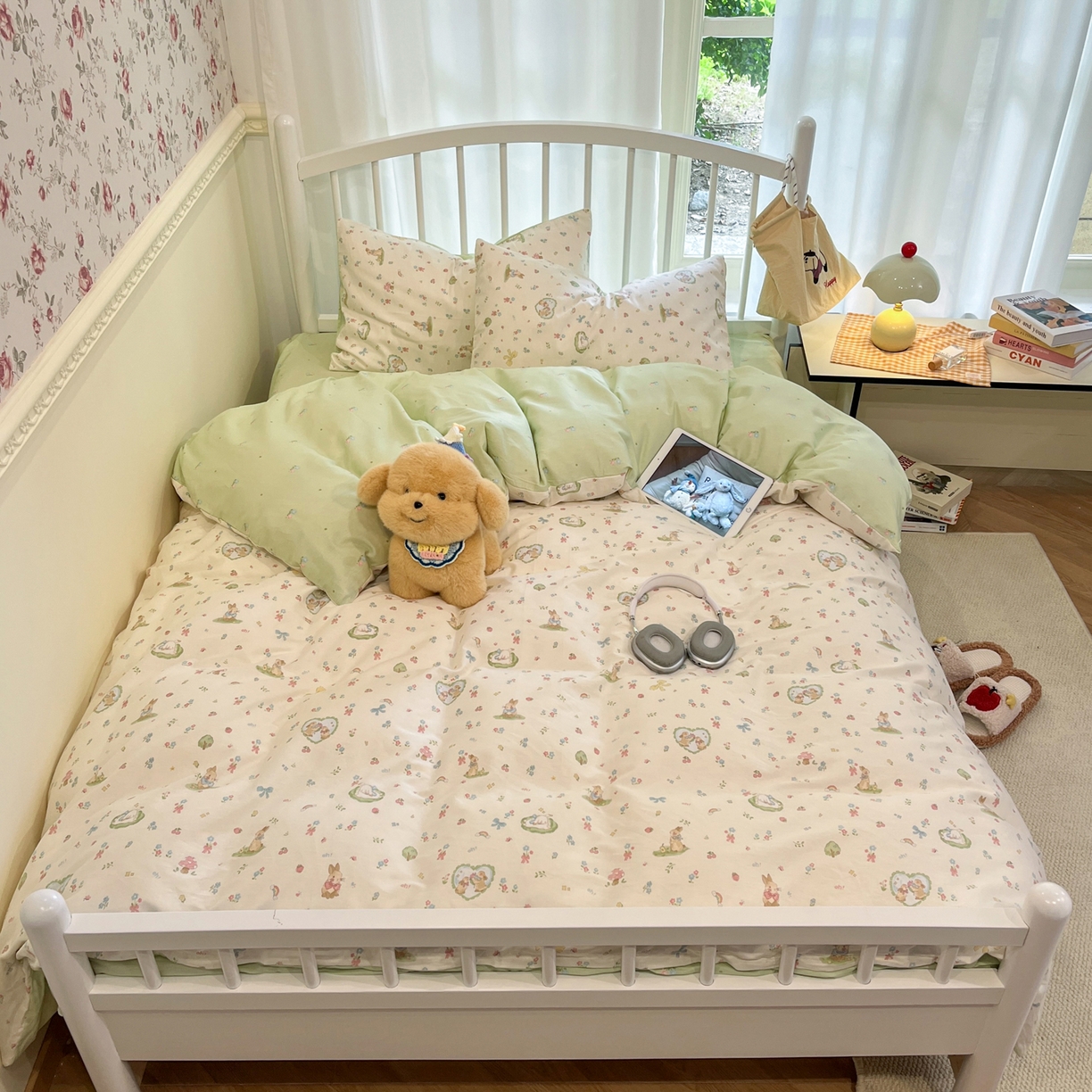 91家纺网 家纺一手货源 找家纺 盛馨家纺 2026年开学季春夏新品小清新全棉学生三件套四件套床笠四件套跑量款 花漾兔兔