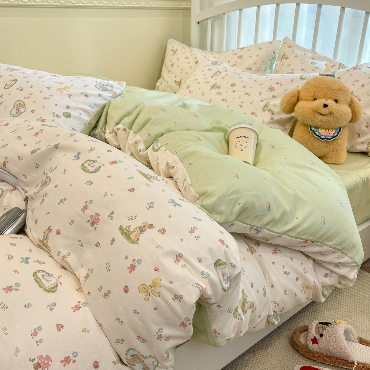 91家纺网 家纺一手货源 找家纺 盛馨家纺 2026年开学季春夏新品小清新全棉学生三件套四件套床笠四件套跑量款 花漾兔兔