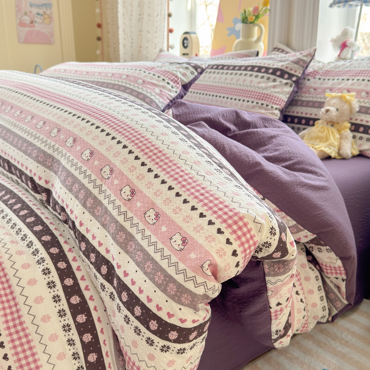 优承佳生活馆 2026年新款卡通小清新风格高克重超柔软糯泡芙双层纱面料三件套四件套单被套系列 甜心