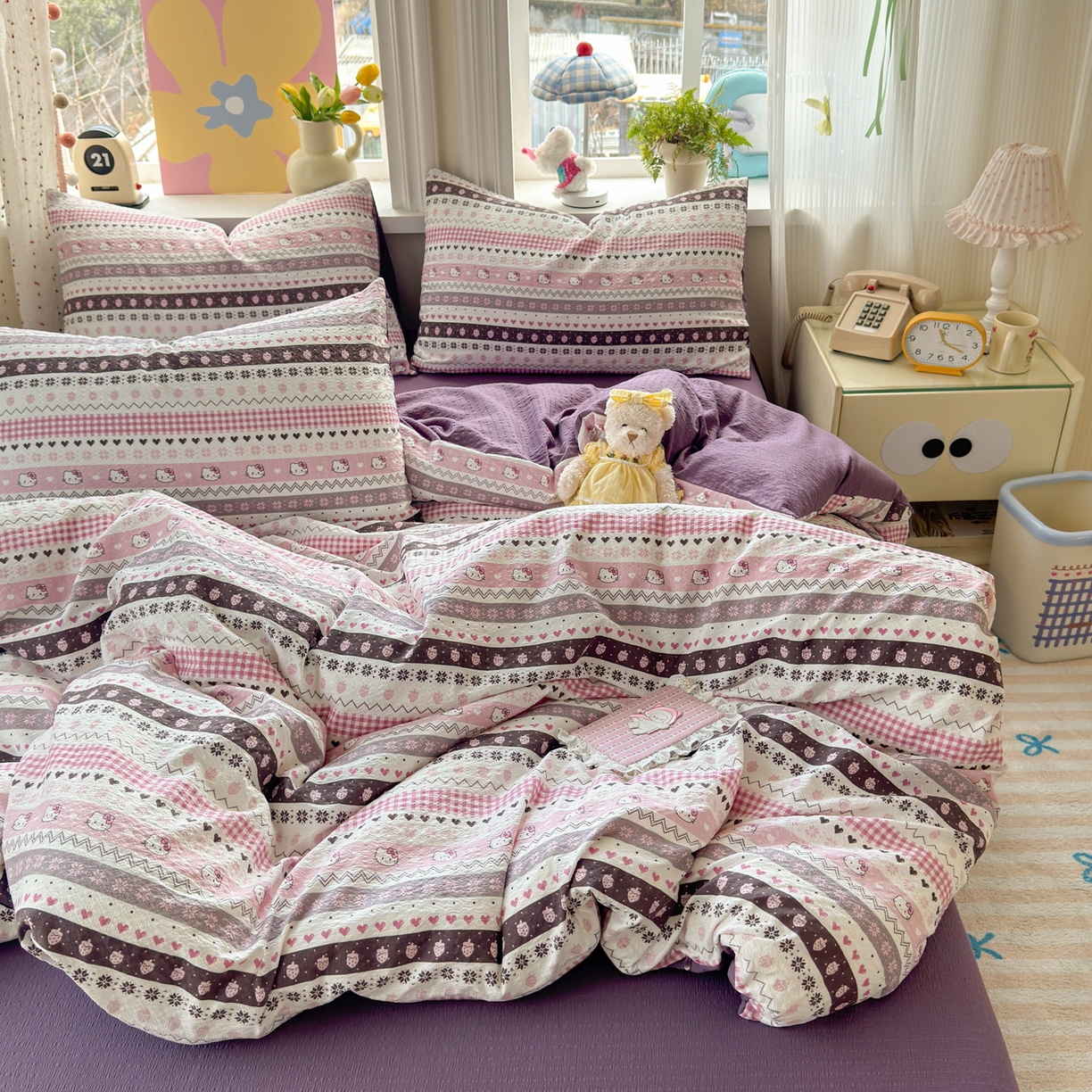 91家纺网 家纺一手货源 找家纺 优承佳生活馆 2026年新款卡通小清新风格高克重超柔软糯泡芙双层纱面料三件套四件套单被套系列 甜心