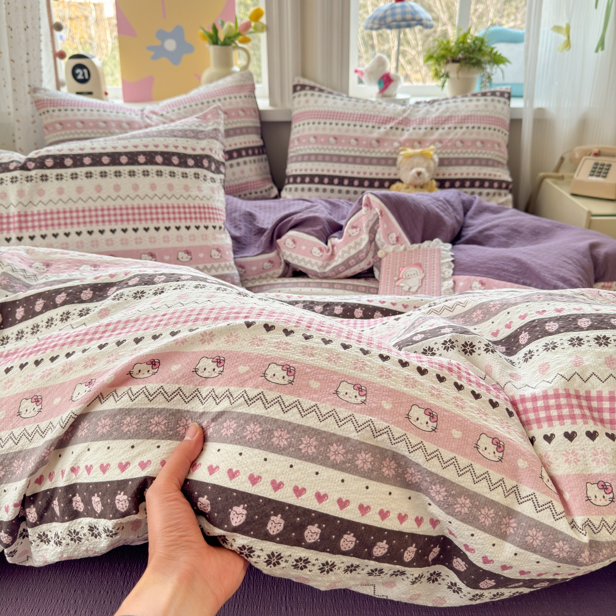 91家纺网 家纺一手货源 找家纺 优承佳生活馆 2026年新款卡通小清新风格高克重超柔软糯泡芙双层纱面料三件套四件套单被套系列 甜心