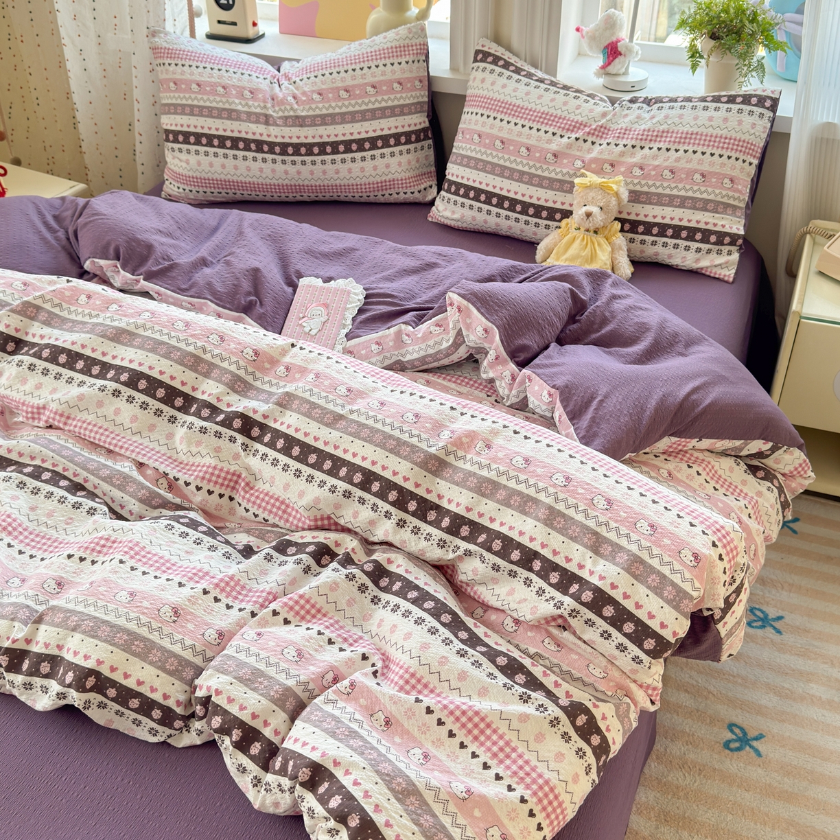 91家纺网 家纺一手货源 找家纺 优承佳生活馆 2026年新款卡通小清新风格高克重超柔软糯泡芙双层纱面料三件套四件套单被套系列 甜心