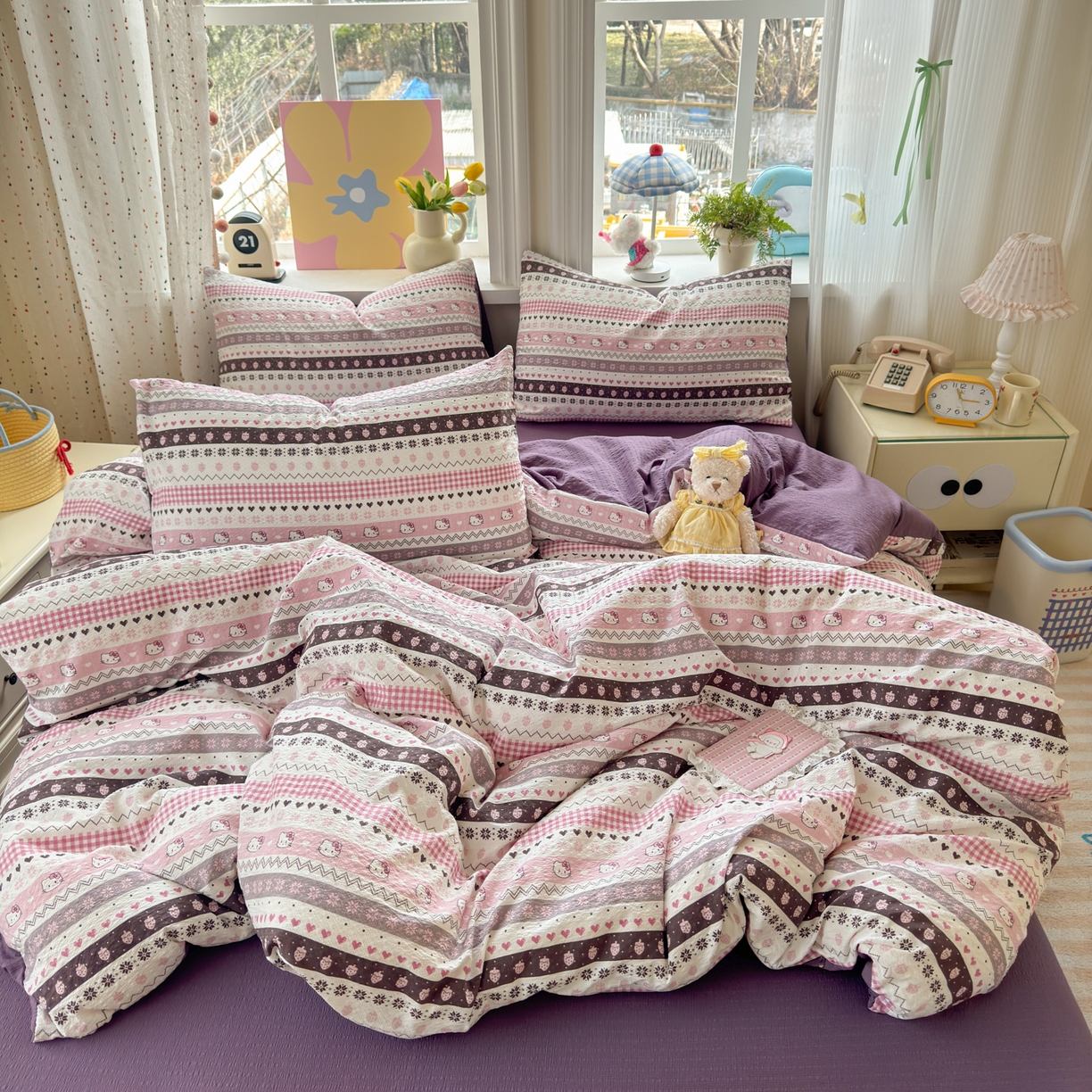 91家纺网 家纺一手货源 找家纺 优承佳生活馆 2026年新款卡通小清新风格高克重超柔软糯泡芙双层纱面料三件套四件套单被套系列 甜心