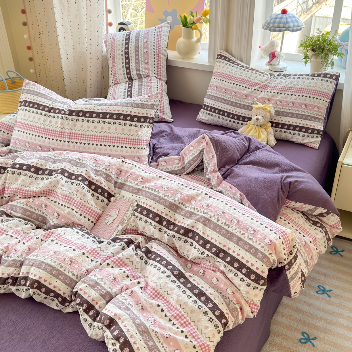 91家纺网 家纺一手货源 找家纺 优承佳生活馆 2026年新款卡通小清新风格高克重超柔软糯泡芙双层纱面料三件套四件套单被套系列 甜心