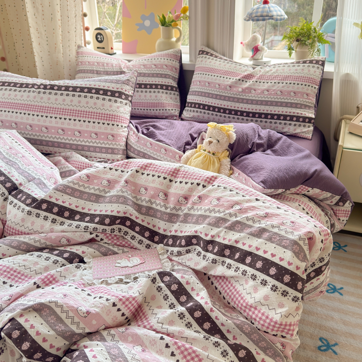 91家纺网 家纺一手货源 找家纺 优承佳生活馆 2026年新款卡通小清新风格高克重超柔软糯泡芙双层纱面料三件套四件套单被套系列 甜心