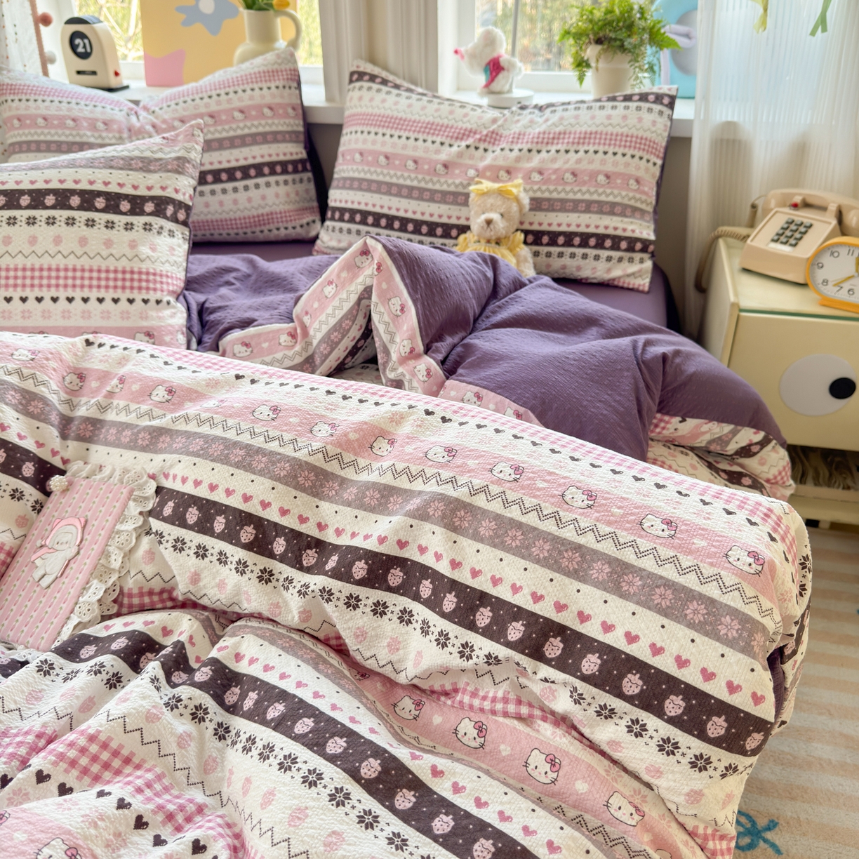 91家纺网 家纺一手货源 找家纺 优承佳生活馆 2026年新款卡通小清新风格高克重超柔软糯泡芙双层纱面料三件套四件套单被套系列 甜心