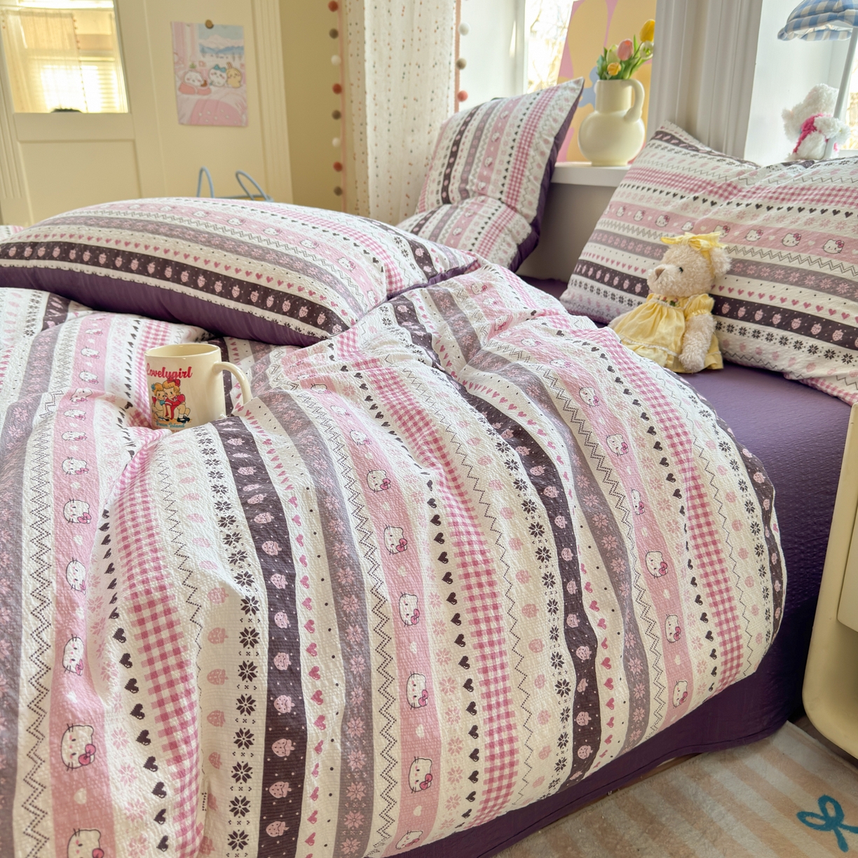 91家纺网 家纺一手货源 找家纺 优承佳生活馆 2026年新款卡通小清新风格高克重超柔软糯泡芙双层纱面料三件套四件套单被套系列 甜心