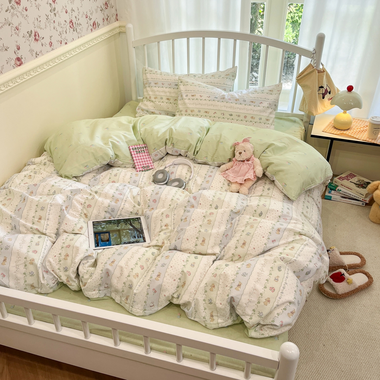 91家纺网 家纺一手货源 找家纺 盛馨家纺 2026年开学季春夏新品小清新全棉学生三件套四件套床笠四件套跑量款 眠眠兔岛