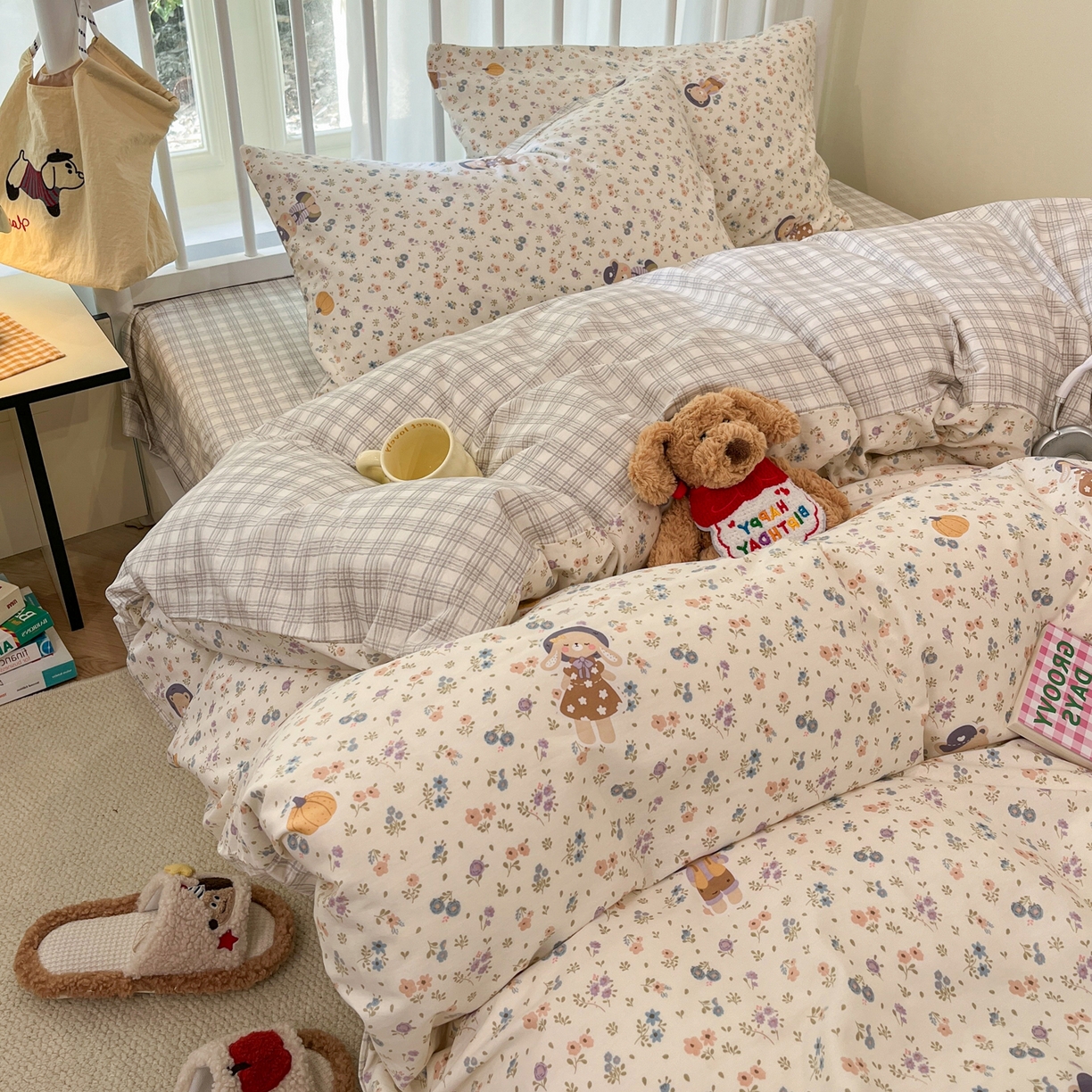 盛馨家纺 2026年开学季春夏新品小清新全棉学生三件套四件套床笠四件套跑量款 南瓜小熊