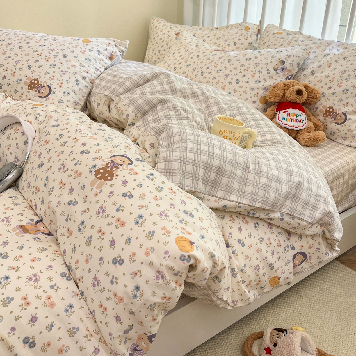 91家纺网 家纺一手货源 找家纺 盛馨家纺 2026年开学季春夏新品小清新全棉学生三件套四件套床笠四件套跑量款 南瓜小熊