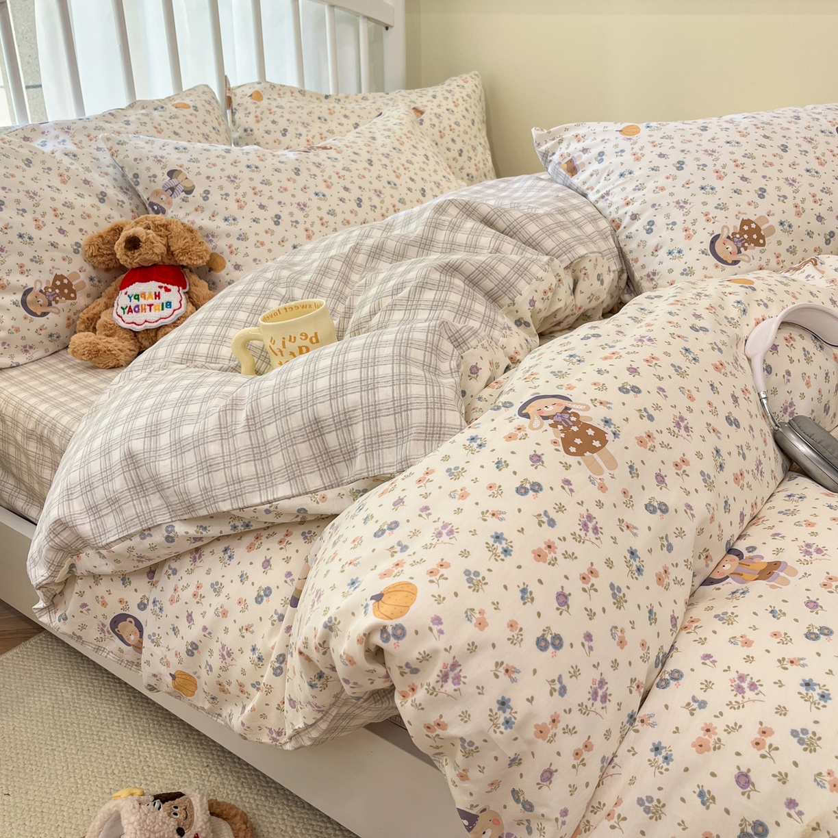 91家纺网 家纺一手货源 找家纺 盛馨家纺 2026年开学季春夏新品小清新全棉学生三件套四件套床笠四件套跑量款 南瓜小熊