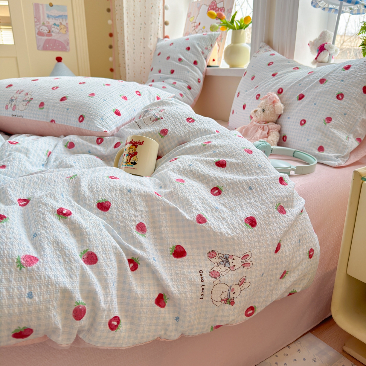 91家纺网 家纺一手货源 找家纺 优承佳生活馆 2026年新款卡通小清新风格高克重超柔软糯泡芙双层纱面料三件套四件套单被套系列 甜心草莓兔