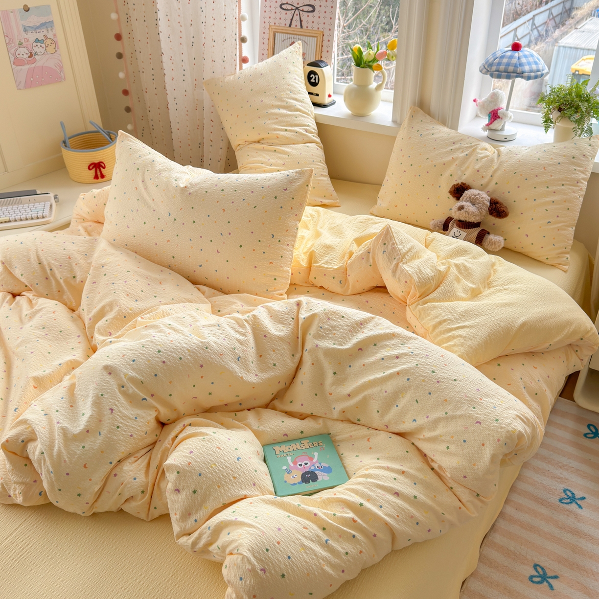 91家纺网 家纺一手货源 找家纺 优承佳生活馆 2026年新款卡通小清新风格高克重超柔软糯泡芙双层纱面料三件套四件套单被套系列 童趣星空