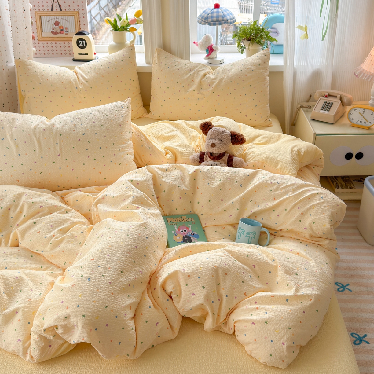 91家纺网 家纺一手货源 找家纺 优承佳生活馆 2026年新款卡通小清新风格高克重超柔软糯泡芙双层纱面料三件套四件套单被套系列 童趣星空