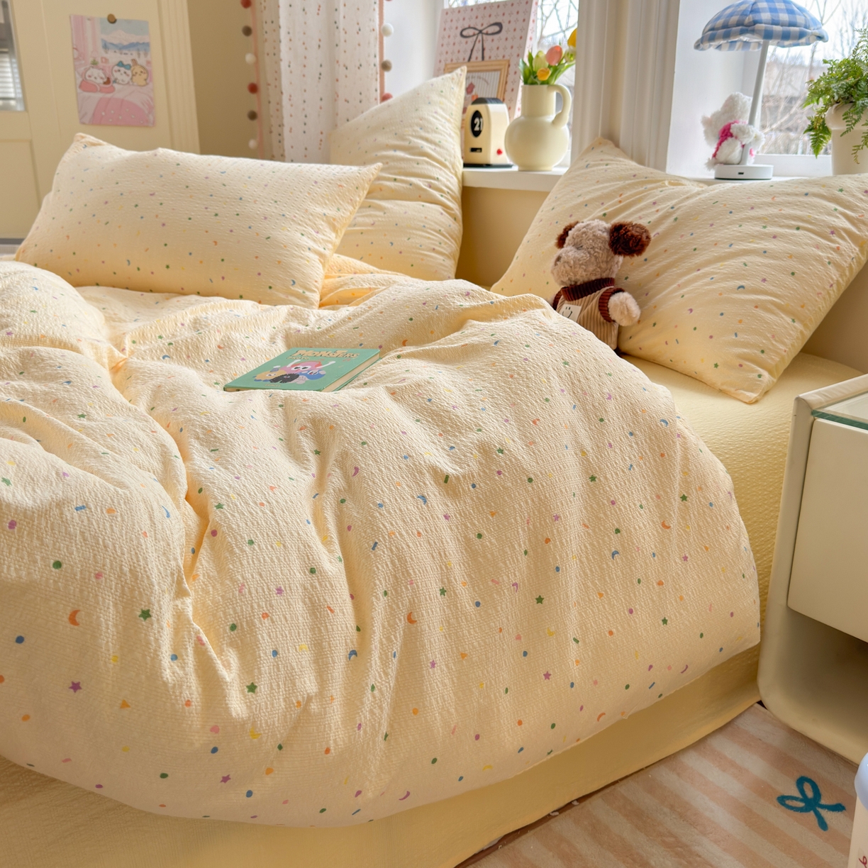 91家纺网 家纺一手货源 找家纺 优承佳生活馆 2026年新款卡通小清新风格高克重超柔软糯泡芙双层纱面料三件套四件套单被套系列 童趣星空