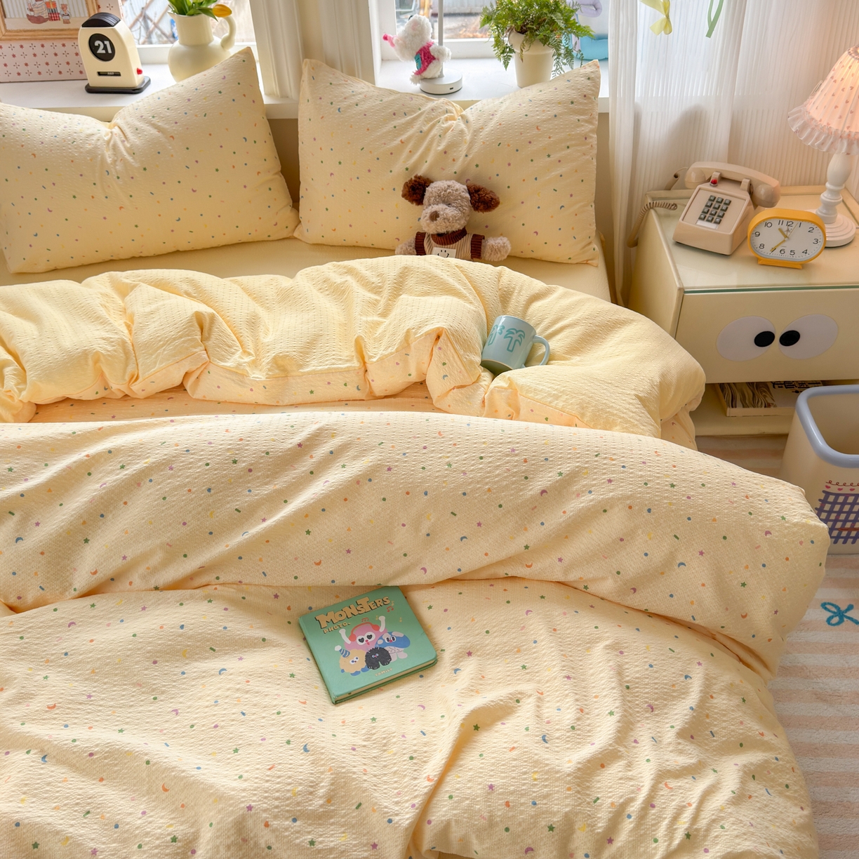 91家纺网 家纺一手货源 找家纺 优承佳生活馆 2026年新款卡通小清新风格高克重超柔软糯泡芙双层纱面料三件套四件套单被套系列 童趣星空