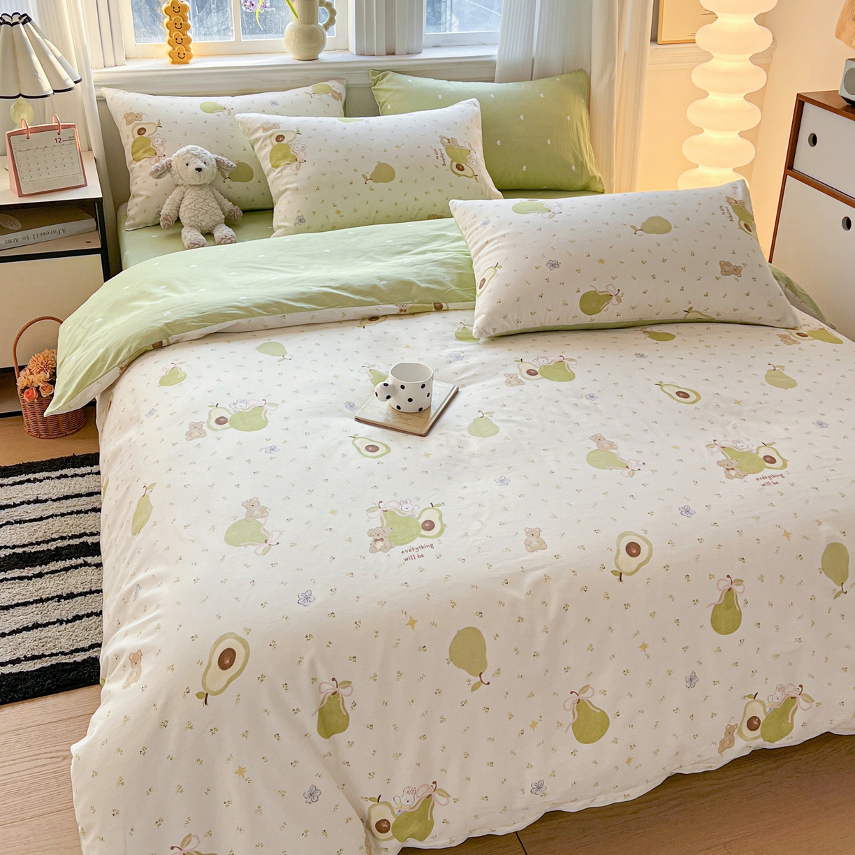 91家纺网 家纺一手货源 找家纺 盛馨家纺 2026年开学季春夏新品小清新全棉学生三件套四件套床笠四件套跑量款 牛油果兔