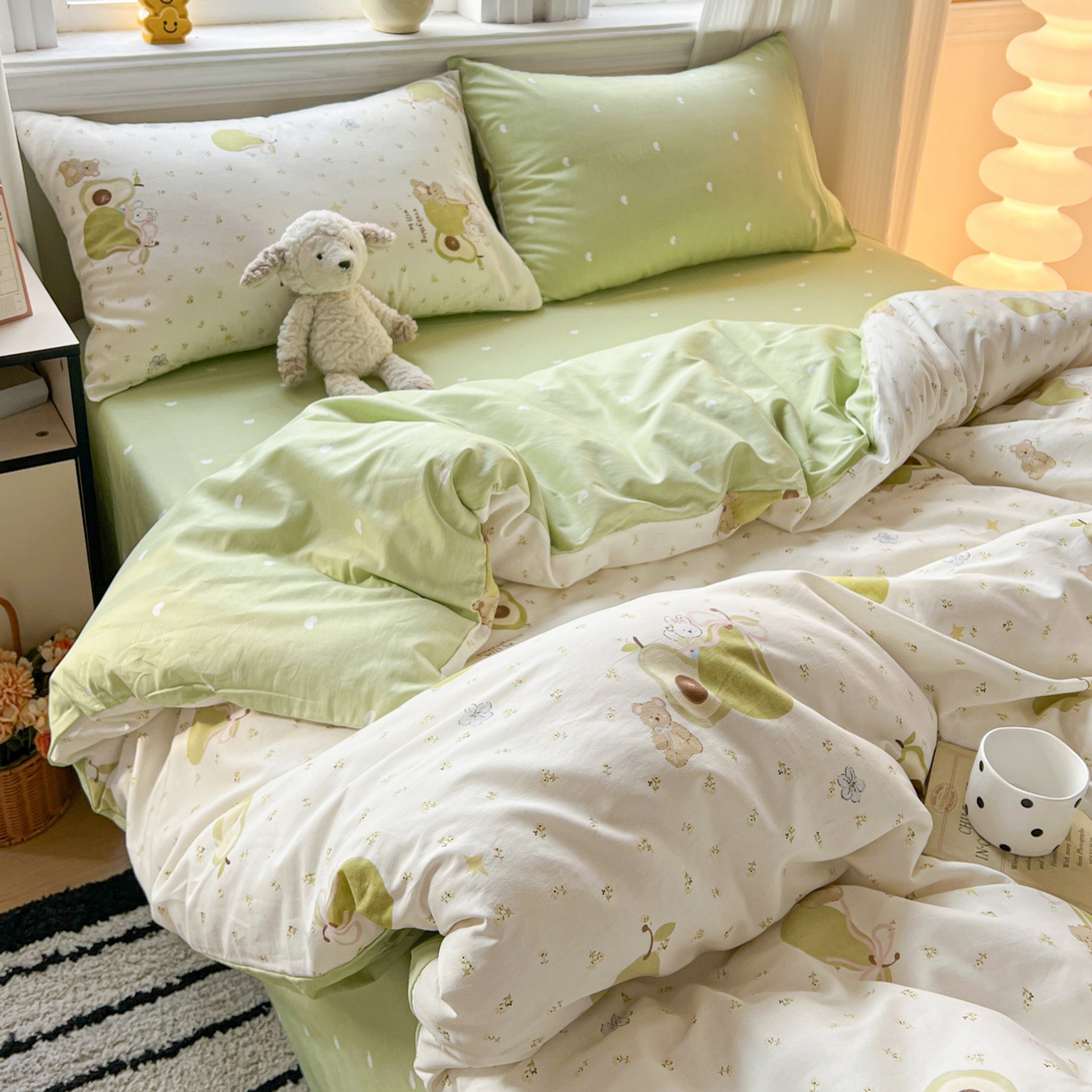 91家纺网 家纺一手货源 找家纺 盛馨家纺 2026年开学季春夏新品小清新全棉学生三件套四件套床笠四件套跑量款 牛油果兔