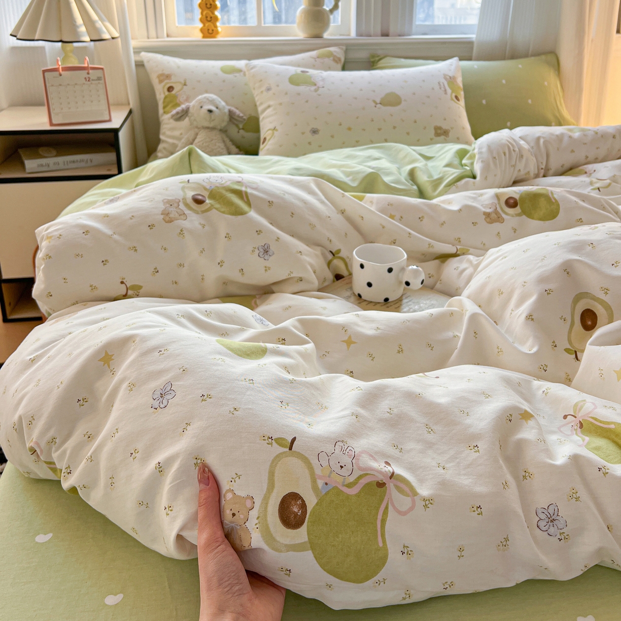 91家纺网 家纺一手货源 找家纺 盛馨家纺 2026年开学季春夏新品小清新全棉学生三件套四件套床笠四件套跑量款 牛油果兔