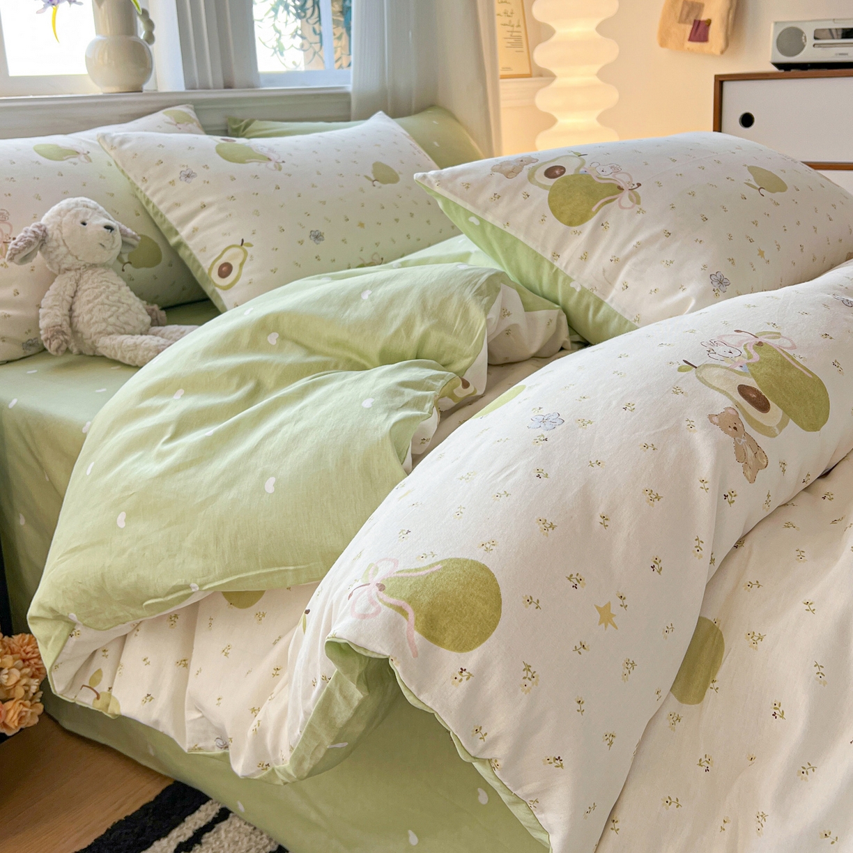 91家纺网 家纺一手货源 找家纺 盛馨家纺 2026年开学季春夏新品小清新全棉学生三件套四件套床笠四件套跑量款 牛油果兔