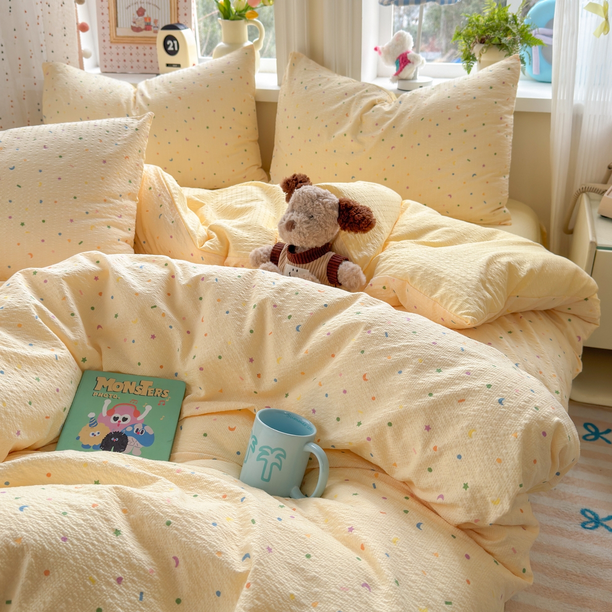 91家纺网 家纺一手货源 找家纺 优承佳生活馆 2026年新款卡通小清新风格高克重超柔软糯泡芙双层纱面料三件套四件套单被套系列 童趣星空