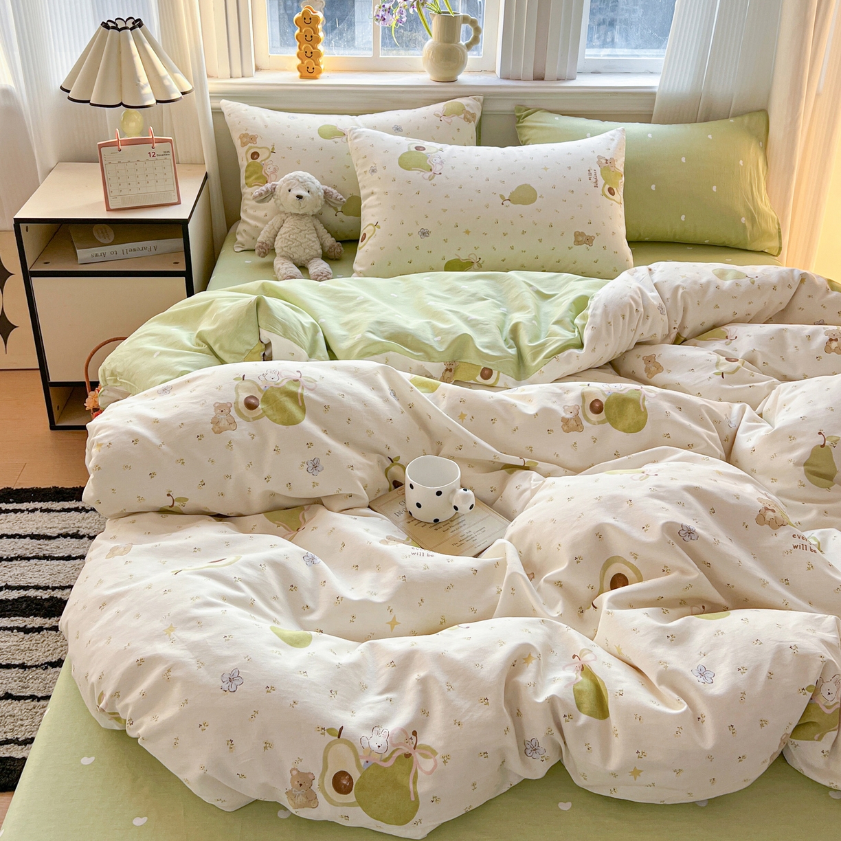 91家纺网 家纺一手货源 找家纺 盛馨家纺 2026年开学季春夏新品小清新全棉学生三件套四件套床笠四件套跑量款 牛油果兔