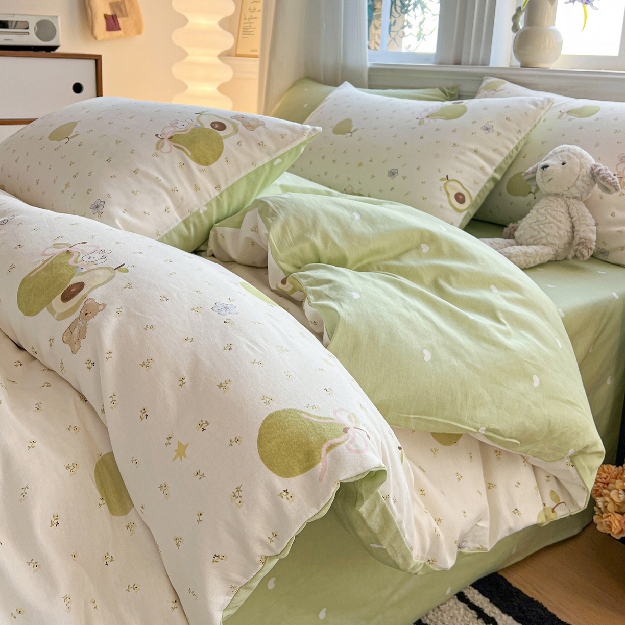 91家纺网 家纺一手货源 找家纺 盛馨家纺 2026年开学季春夏新品小清新全棉学生三件套四件套床笠四件套跑量款 牛油果兔