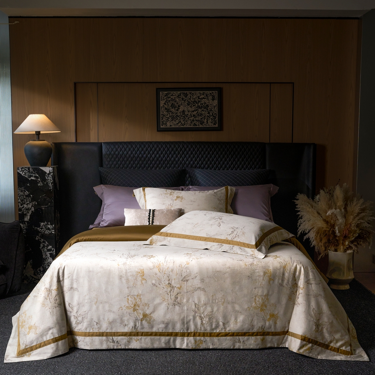 91家纺网 家纺一手货源 找家纺 玖玖爱家纺 2026新款意式高奢色织大提花埃及棉系列四件套 金色