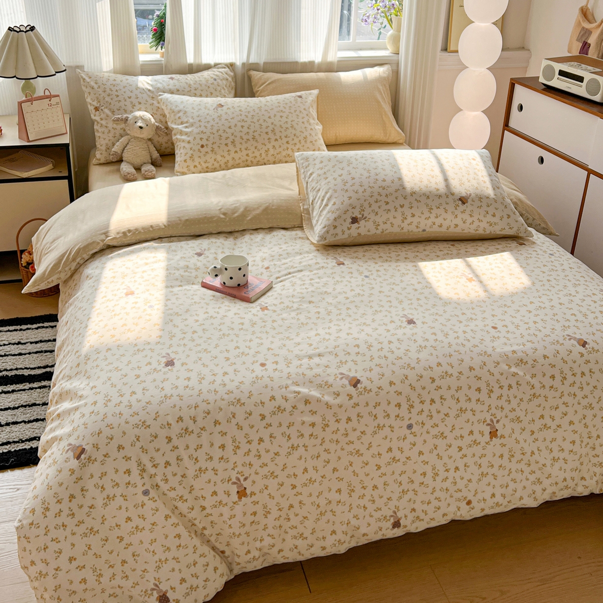 91家纺网 家纺一手货源 找家纺 盛馨家纺 2026年开学季春夏新品小清新全棉学生三件套四件套床笠四件套跑量款 碎花兔