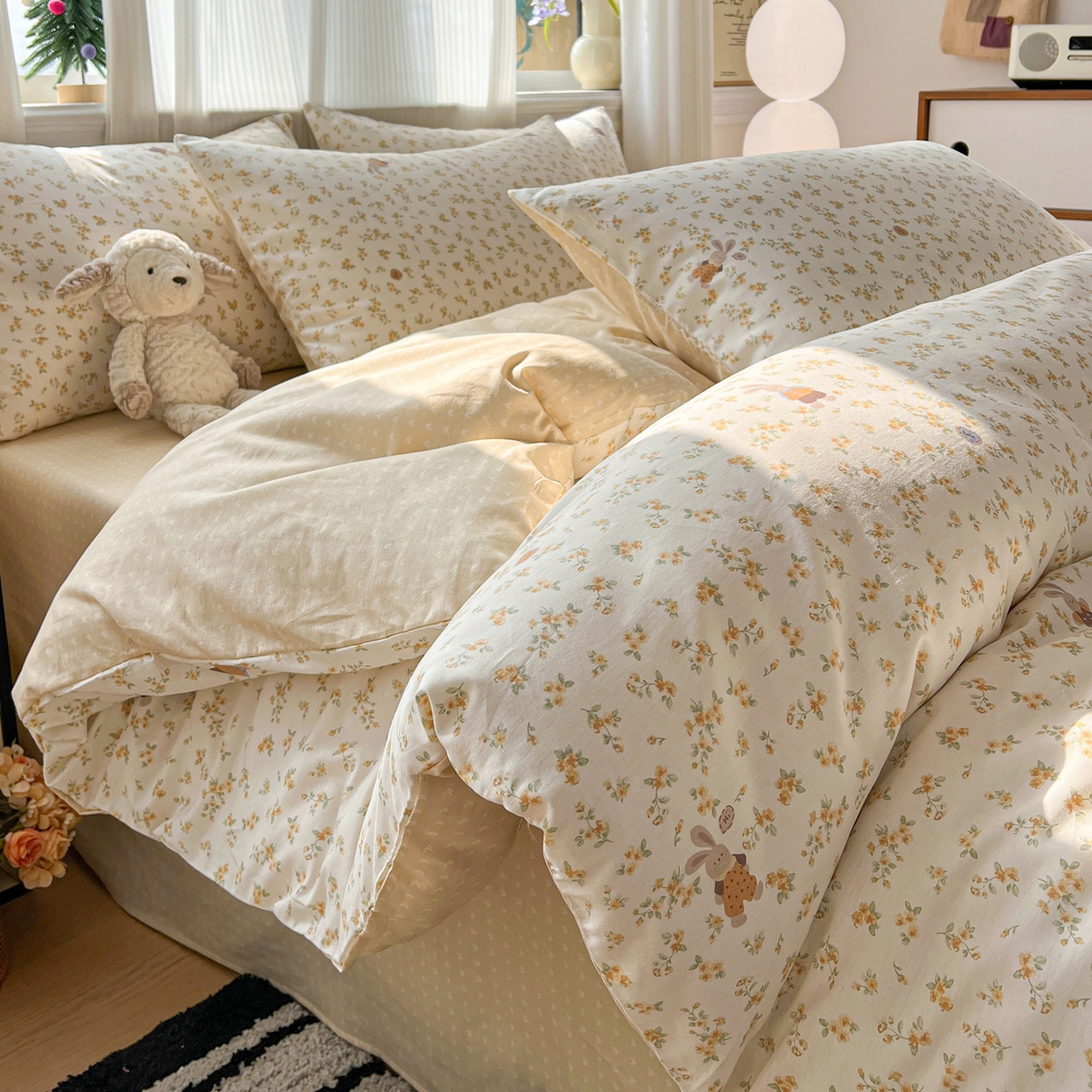 91家纺网 家纺一手货源 找家纺 盛馨家纺 2026年开学季春夏新品小清新全棉学生三件套四件套床笠四件套跑量款 碎花兔