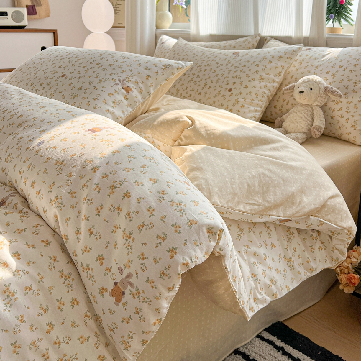 91家纺网 家纺一手货源 找家纺 盛馨家纺 2026年开学季春夏新品小清新全棉学生三件套四件套床笠四件套跑量款 碎花兔