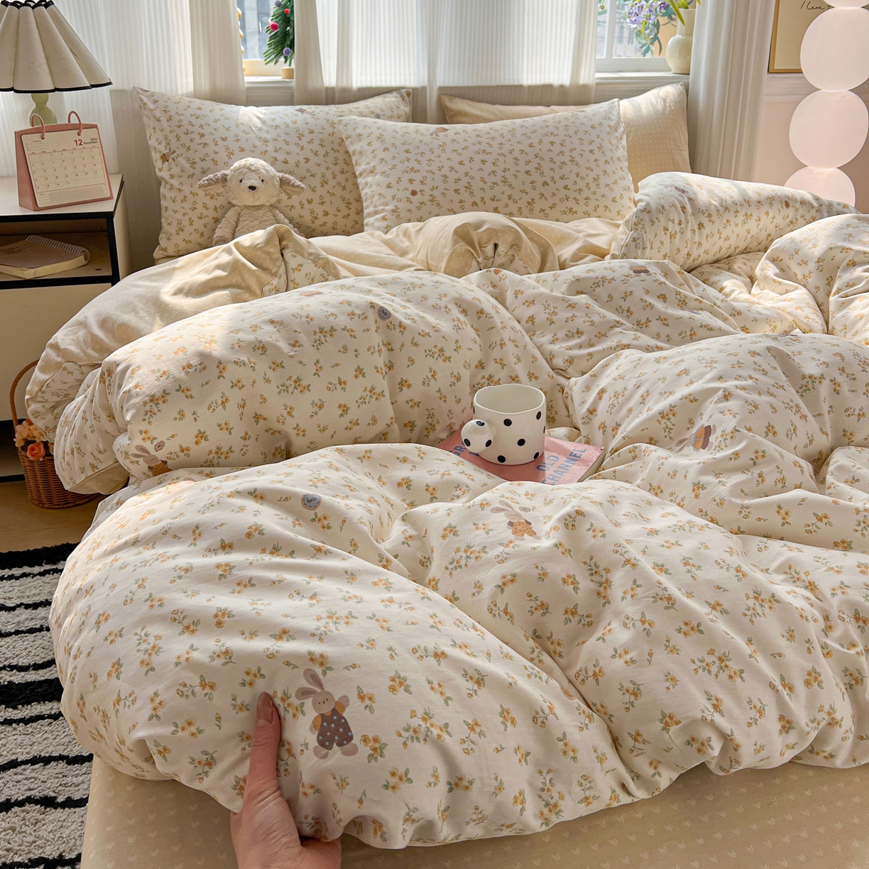 91家纺网 家纺一手货源 找家纺 盛馨家纺 2026年开学季春夏新品小清新全棉学生三件套四件套床笠四件套跑量款 碎花兔