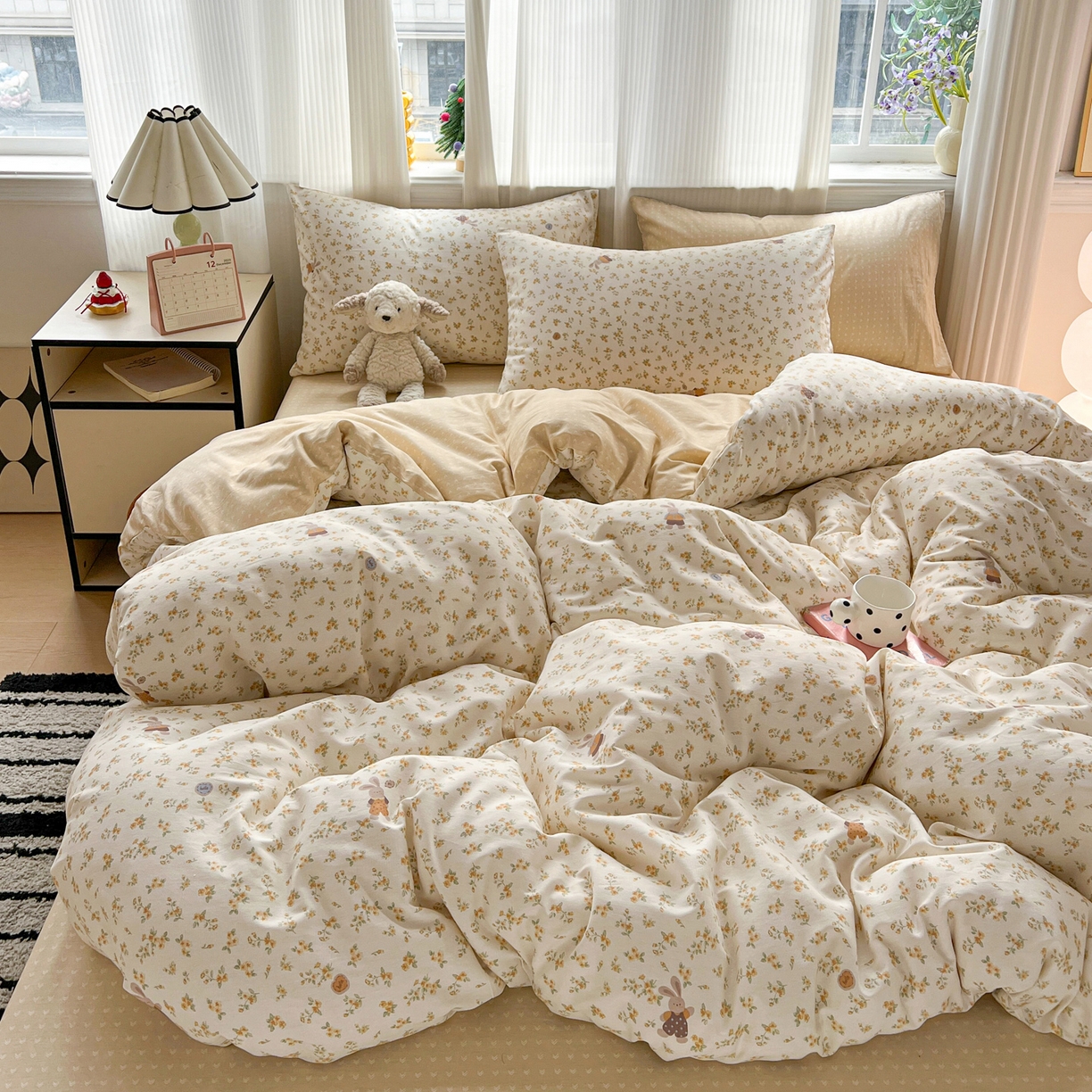 91家纺网 家纺一手货源 找家纺 盛馨家纺 2026年开学季春夏新品小清新全棉学生三件套四件套床笠四件套跑量款 碎花兔