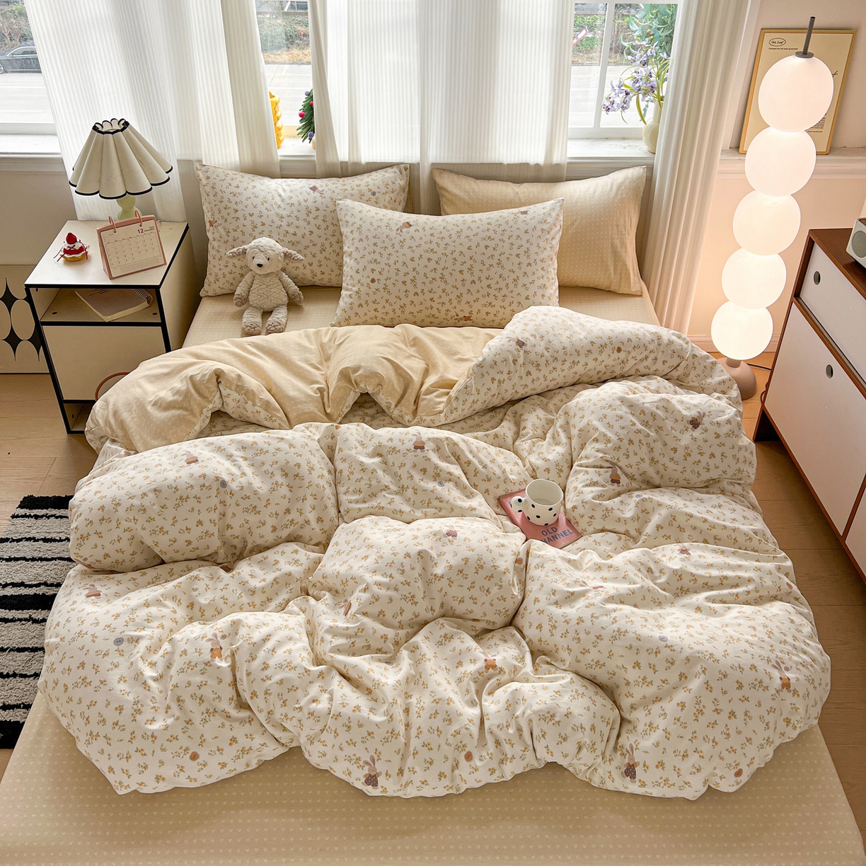 91家纺网 家纺一手货源 找家纺 盛馨家纺 2026年开学季春夏新品小清新全棉学生三件套四件套床笠四件套跑量款 碎花兔