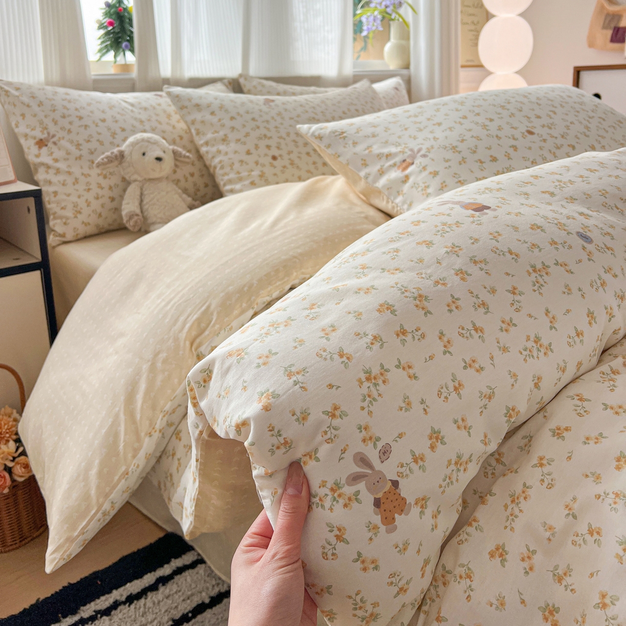 91家纺网 家纺一手货源 找家纺 盛馨家纺 2026年开学季春夏新品小清新全棉学生三件套四件套床笠四件套跑量款 碎花兔