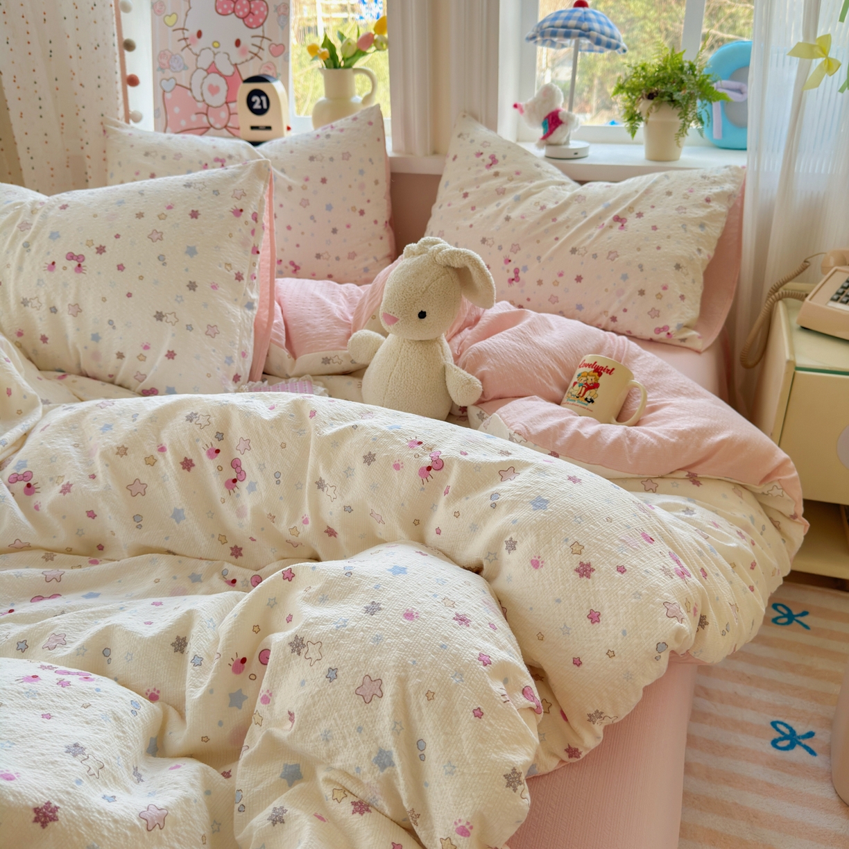 91家纺网 家纺一手货源 找家纺 优承佳生活馆 2026年新款卡通小清新风格高克重超柔软糯泡芙双层纱面料三件套四件套单被套系列 星星kt