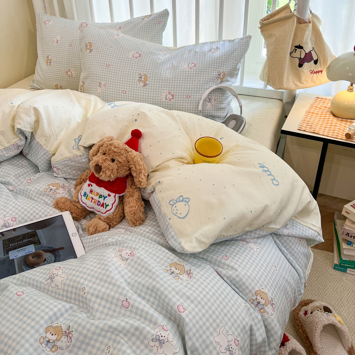 91家纺网 家纺一手货源 找家纺 盛馨家纺 2026年开学季春夏新品小清新全棉学生三件套四件套床笠四件套跑量款 无忧小狗