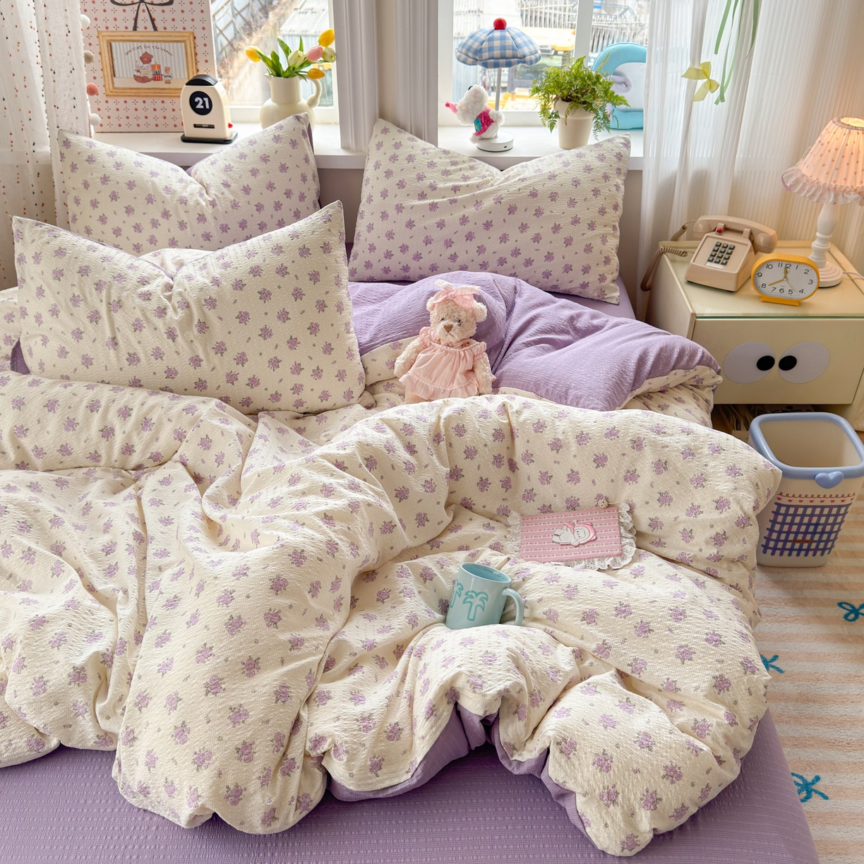 91家纺网 家纺一手货源 找家纺 优承佳生活馆 2026年新款卡通小清新风格高克重超柔软糯泡芙双层纱面料三件套四件套单被套系列 紫蔷薇