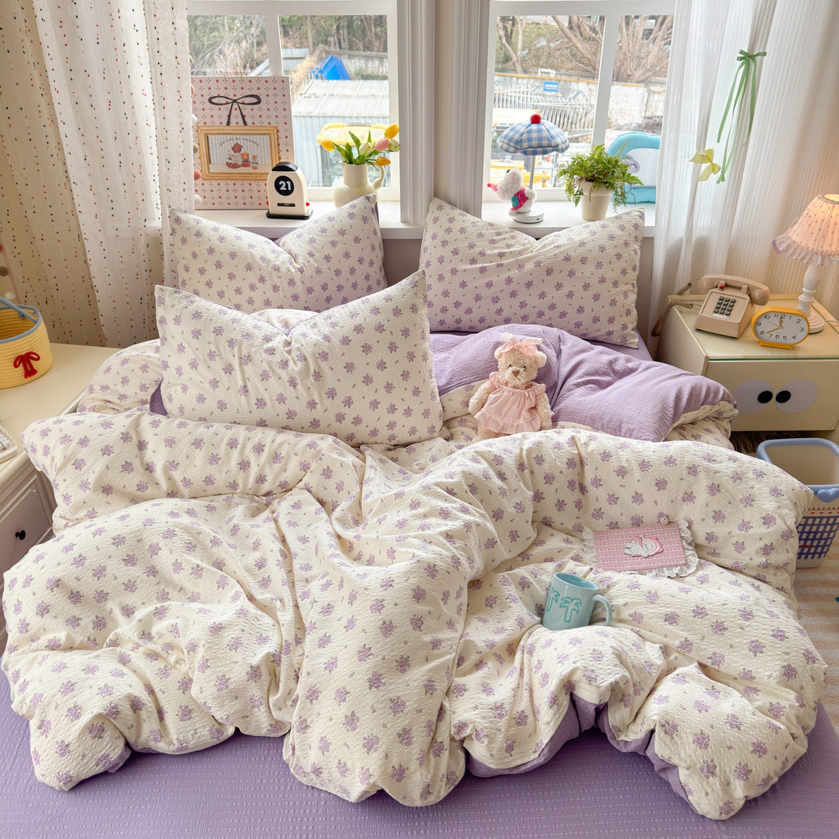 91家纺网 家纺一手货源 找家纺 优承佳生活馆 2026年新款卡通小清新风格高克重超柔软糯泡芙双层纱面料三件套四件套单被套系列 紫蔷薇